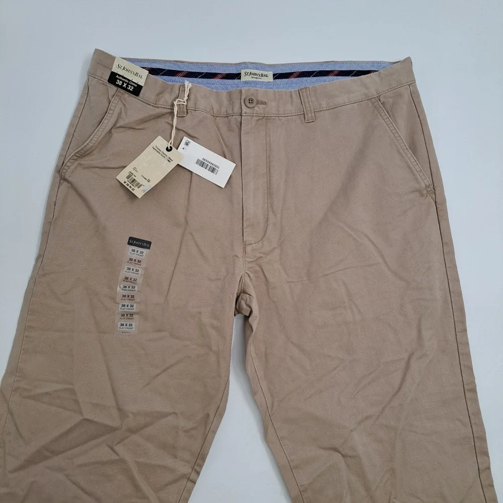 St. John's Bay Authentic Chino Pants Mens 38x32 Cotton Tan Solid Straight Fit